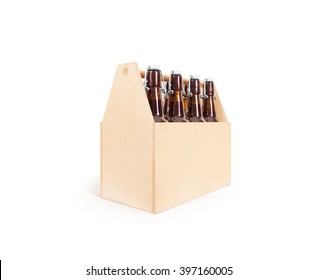Beer wooden box side mock up isolated. Blank wood cold beer packaging mockup stand. Beer bottles with lightning stopper in wooden crate. Grip beer pack. Alcohol package display view. Beer branding.