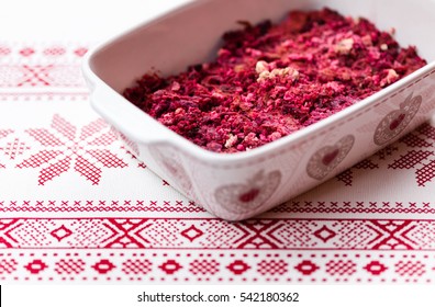 Beet Box Or Beetroot Casserole, Traditional Finnish Christmas Food, In White Roasting Tin With Red Festive Pattern