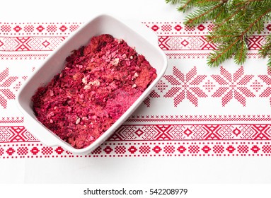 Beet Box Or Beetroot Casserole, Traditional Finnish Christmas Food, In White Roasting Tin With Red Festive Pattern