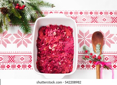 Beet Box Or Beetroot Casserole, Traditional Finnish Christmas Food, In White Roasting Tin With Red Festive Pattern