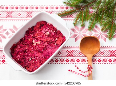 Beet Box Or Beetroot Casserole, Traditional Finnish Christmas Food, In White Roasting Tin With Red Festive Pattern