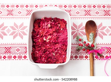 Beet Box Or Beetroot Casserole, Traditional Finnish Christmas Food, In White Roasting Tin With Red Festive Pattern