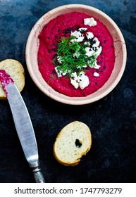 beet root hummus withwith feta cheese and dill. view 