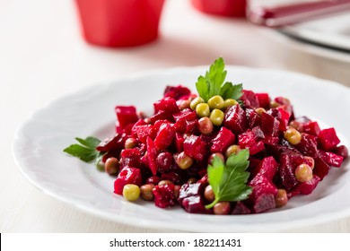 Beet Salad. Russian Beetroot Salad With Beetroot, Potato, Carrot, Pea And Oil Dressing