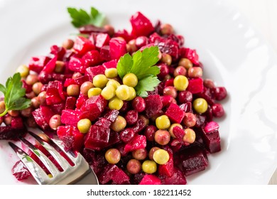 Beet Salad. Russian Beetroot Salad With Beetroot, Potato, Carrot, Pea And Oil Dressing