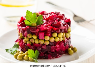 Beet Salad. Russian Beetroot Salad With Beetroot, Potato, Carrot, Pea And Oil Dressing