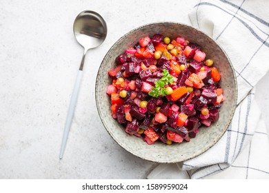 Beet Salad - Vinaigrette In A Bowl, Top View. Vegan Cuisine. Dietary Menu.