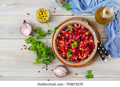 Beet Salad - Vinaigrette. Vegan Cuisine. Dietary Menu. Top View.