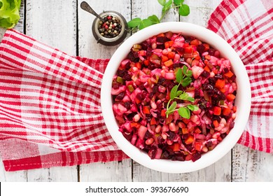 Beet Salad Vinaigrette In A White Bowl. Top View