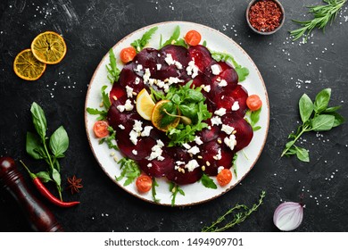 Beet Vegetable Salad With Feta Cheese. Food. Top View. Free Space For Your Text.