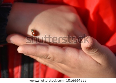 the beetle sits on the hand of the child 