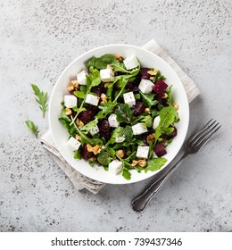 Beetroot, Arugula, Feta Cheese And Walnut Salad, Top View