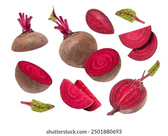 Beetroot (beet root) and half sliced with leaf flying in the air isolated on white background. - Powered by Shutterstock