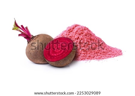 Beetroot (beet root) powder with fresh fruit isolated on white background.