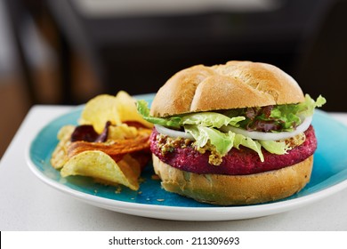 Beetroot Burger On White Bread With Chips