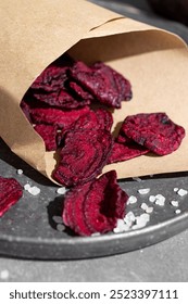 Beetroot chips close up. Healthy vegetable chips, snack for vegetarians