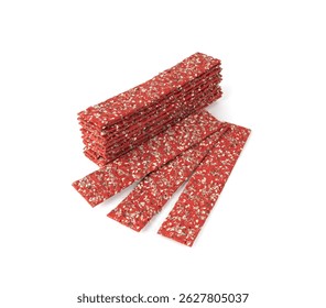 Beetroot crackers isolated, thin rusk beet root bread, red diet multigrain crispbread, various seeds whole grain crisp bread, long cracker on white background