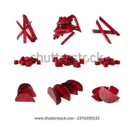Beetroot cubes isolated. Finely diced red beet pile, small beet root pieces, chopped beetroot on white background top view