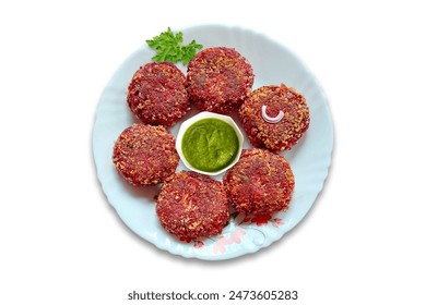 Beetroot Cutlets or Patties or tikki served with green chutney sauce. Beet Root Tikka