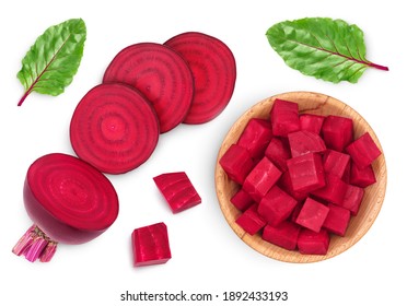 beetroot diced in wooden bowl isolated on white background with clipping path and full depth of field. Top view. Flat lay - Powered by Shutterstock