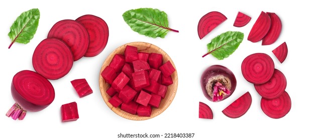 beetroot diced in wooden bowl isolated on white background with full depth of field. Top view. Flat lay - Powered by Shutterstock