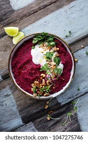 Beetroot Hummus with grilled peanuts and Cilantro leaves, Summer Food