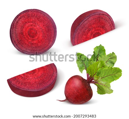 Beetroot with leaves, fresh whole and sliced beet isolated on white background. Set. Collection