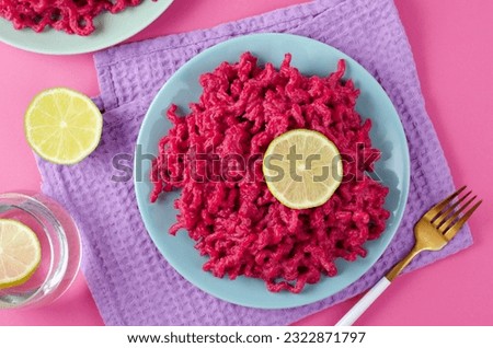 Beetroot Pasta, Barbie Themed Pasta, Trendy Recipe on Bright Pink Background