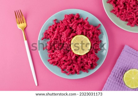 Beetroot Pasta, Doll Themed Pasta, Trendy Recipe on Bright Pink Background
