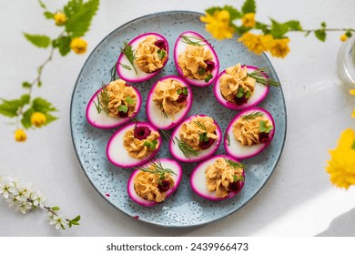 Beetroot pickled devilled eggs, easter canapes - Powered by Shutterstock