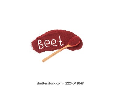 Beetroot powder in wooden spoon. Inscription Beet. Food additive E162, Dry beetroot powder used in culinary. Natural pigment beet red. Herbal therapy, detox, antioxidant.
