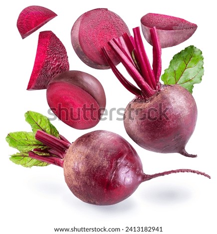 Beetroot and slices of beetroot or taproot levitating in air. File contains clipping paths.