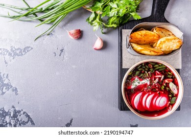 Beetroot Soup Borsch With Sour Cream. Top View, Text Space