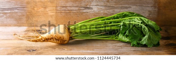 Beets with sugar root. Sugar beet with\
tops on an old wooden table. Banner. White beet. Root, a plant with\
a thick sweet sugar root, eaten.\
Sugar-beet.