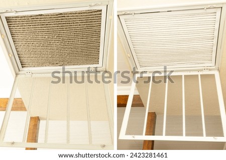 Before And After. Clean And Dirty Stainless Steel Pleated Ac Furnace Filters With Carbon. Air Filter Allergen Reduction Dust. Intake Vent, Home Air Conditioner. Horizontal Plane. HVAC System.