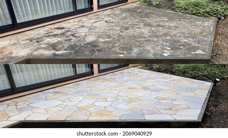 Before and after, cleaning on an old external natural marble floor