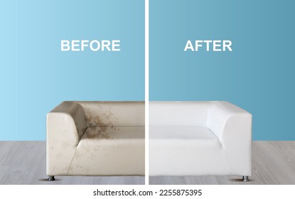 Before and after cleaning sofa. Blue soft sofa dirt. dirty half and clean half. dry cleaning company - Shutterstock ID 2255875395