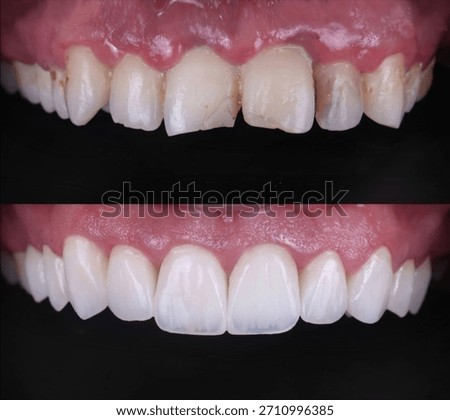 Before and after comparison of a young woman’s teeth showing whitening and veneers transformation