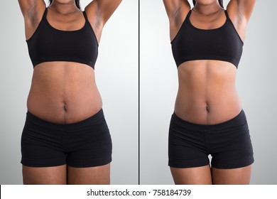 Before And After Concept Showing Fat To Slim African Woman On Grey Background