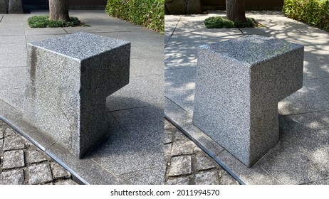 Before After. Corner Repair With Epoxy Glue And Cleaning Of A Modern Gray Granite Monolith.