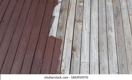 Before And After A DIY Home Improvement Project, Painting The Deck Boards Of A House. 