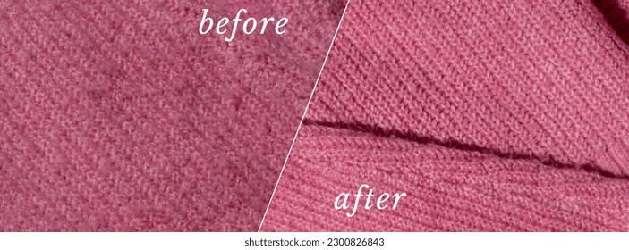 BEFORE AFTER effect of Anti-pilling razor. Banner Device for shaving pellets clothes. Anti-Plush fabric Shaver. Electric portable sweater pill defuzzer Lint remover from acrylic or wool sweater - Shutterstock ID 2300826843