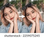 Before and after example of AI watermark remover tool erasing watermarks from a photo of a woman.