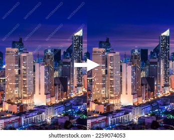 Before and after example of AI watermark remover tool erasing watermarks from a photo of a city.