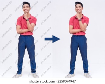 Before and after example of AI watermark remover tool erasing watermarks from a photo of a man.
