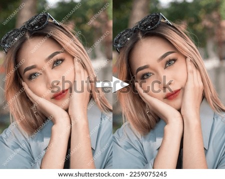 Before and after example of AI watermark remover tool erasing watermarks from a photo of a woman.