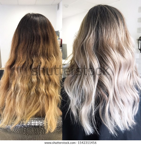 Before and after hair
color in cool tones