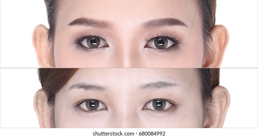 Before After, make up cosmetology on eye, eyeshadow, eyebrowns, and without contact lens, make over eyes part only
