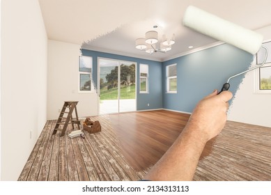 Before and After of Man Painting Roller to Reveal Newly Remodeled Room with Fresh Blue Paint and New Floors.