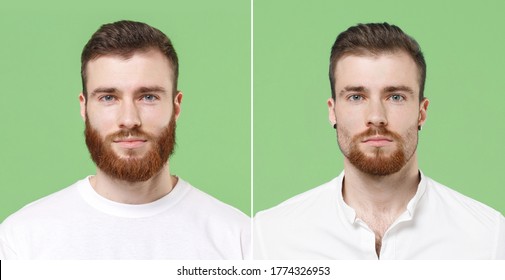 Before After Photo Shot Of Stylish Young Bearded Man Guy 20s In White T-shirt Get Trendy Beard Haircut Look Camera Isolated On Green Background Studio Portrait. People Lifestyle Barber Shop Concept